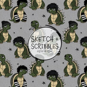 Op de afbeelding: Een herhalend patroon van cartoon schildpadden met emo kapsels en kleding op een grijze achtergrond. Sommige schildpadden dragen mutsen en armwarmers. De tekst "SKETCH + SCRIBBLES digital designs" staat in een cirkel.