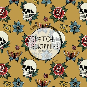 May include: Mustard-colored digital design featuring skulls, roses, butterflies, and flowers. The design includes the text "SKETCH + SCRIBBLES digital designs" in a circular frame. The overall theme is a vintage tattoo style.