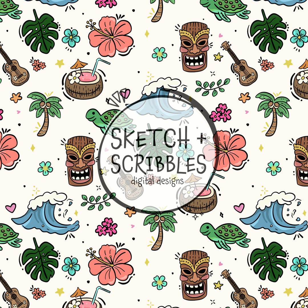 Cute Hawaiian Luau Hand Drawn Seamless Repeating Pattern Digital ...