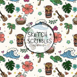 May include: A repeating pattern featuring tropical elements. Includes hibiscus flowers, tiki masks, ukuleles, palm trees, turtles, waves, and coconuts with drinks. The text "SKETCH + SCRIBBLES digital designs" is in a circular frame.