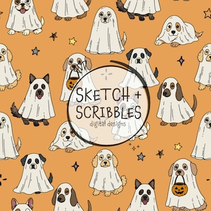 Puede incluir: Un patrón repetitivo sobre fondo naranja con varias razas de perros con disfraces de fantasma blancos. Algunos perros sostienen cubos de calabaza naranjas. Pequeñas estrellas negras y amarillas están dispersas. Texto: SKETCH + SCRIBBLES.