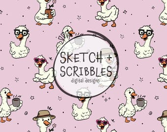 Cute Silly Goose Girly Seamless Repeating Pattern Hand Drawn Instant Digital Download
