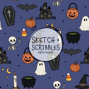 May include: A seamless pattern on a dark blue background featuring Halloween icons including black coffins, orange pumpkins, white ghosts, black bats, green cauldrons, candy corn, skeletons, candles, and haunted houses with the text SKETCH + SCRIBBLES.
