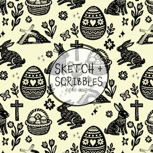 Op de afbeelding: Een herhalend patroon met zwarte paasillustraties op een crèmekleurige achtergrond. Het ontwerp bevat konijnen, versierde eieren, manden, kruisen, bloemen en vlinders. De tekst "SKETCH + SCRIBBLES digital designs" staat in een cirkelvormig kader.