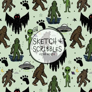 Kryptid Doodles Seamless Mönster (Digital Nedladdning) – Bigfoot, Alien, Mothman