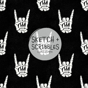 May include: Black background with a repeating pattern of white skeleton hand gestures. A gray circle in the center features the text "SKETCH + SCRIBBLES digital designs". The design is suitable for digital art, fabric, or wallpaper.