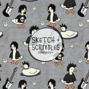 May include: A repeating pattern featuring cartoon ducks with black mohawk hairstyles and leather jackets, some wearing skull t-shirts. Electric guitars and rock hand symbols are also included. The text "SKETCH + SCRIBBLES digital designs" is in a circle.