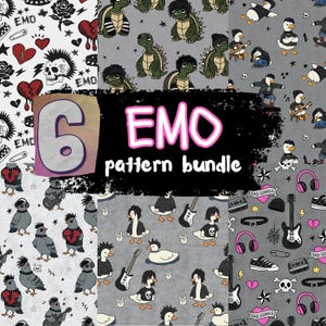 May include: A digital collection of six seamless patterns featuring emo-themed illustrations including skulls, broken hearts, guitars, headphones, and stylized birds and turtles with dark hair, labeled with the text 6 EMO pattern bundle.