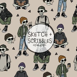 May include: A seamless digital pattern featuring cartoon skeletons in various outfits, including beanies, hoodies, plaid shirts, and sunglasses, with small black triangles on a beige background. The text Sketch + Scribbles digital designs is centred.