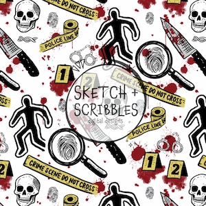 May include: A white background is covered with crime scene elements. The design includes a skull, a knife, a magnifying glass with a fingerprint, a chalk outline of a body, and yellow "Crime Scene Do Not Cross" tape. The text "Sketch + Scribbles" is also present.