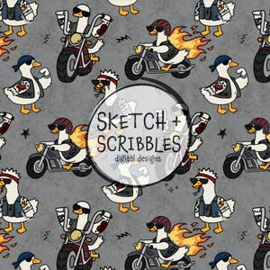 Silly Goose Biker Motorcykel Handritad Sömlös Yta Mönster Digital Nedladdning