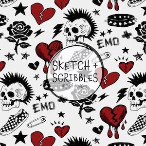 May include: A white background is covered with black and red illustrations. The design includes skulls with mohawks, broken hearts, roses, lightning bolts, stars, and checkered sneakers. The text "EMO" and "SKETCH + SCRIBBLES digital designs" are also present.