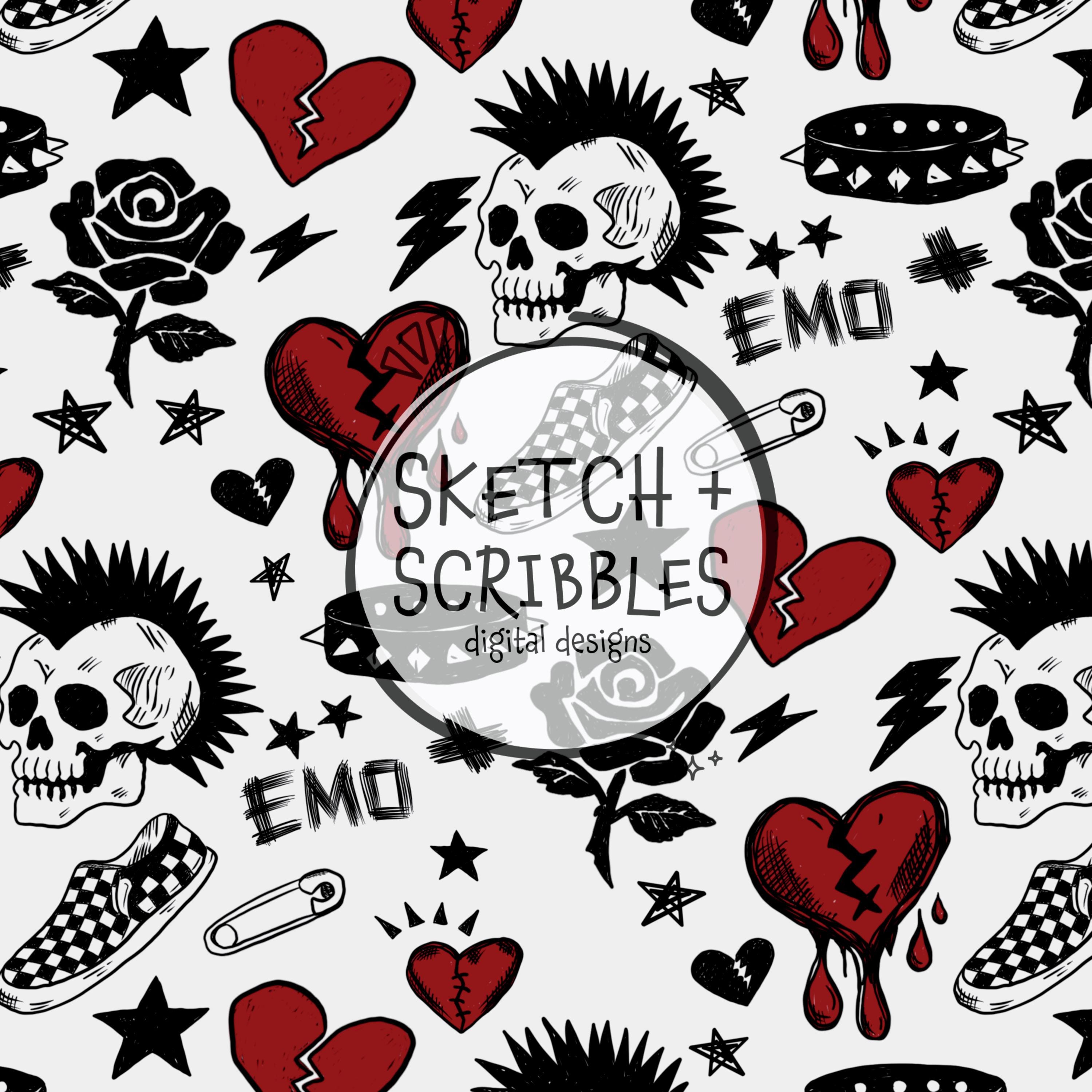 Emo Punk Rock Doodles Hand Drawn Seamless Surface Pattern Digital ...