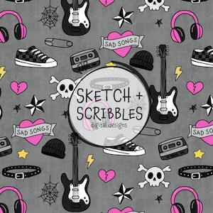 Punk Rock Emo Doodles Hand Drawn Seamless Surface Pattern Digital Download