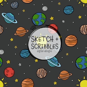 May include: A digital design featuring a repeating pattern of planets, stars, and suns on a dark gray background. The planets are in various colors, including blue, orange, red, and green. The text "SKETCH + SCRIBBLES digital designs" is in a circle.