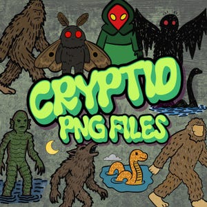 Può includere: Una grafica digitale che presenta varie illustrazioni di creature leggendarie tra cui Bigfoot, Mothman, una figura con cappuccio verde, una creatura alata, un serpente marino, un lupo mannaro e un mostro della palude, con il testo "CRYPTID PNG FILES".