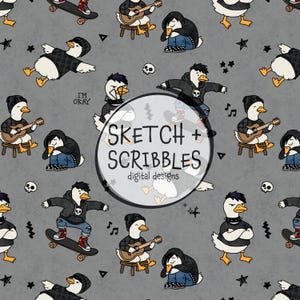 Könnte beinhalten: Ein sich wiederholendes Muster auf grauem Hintergrund zeigt Zeichentrickenten in Punk- und Skater-Outfits. Einige Enten spielen Gitarre, fahren Skateboard oder tragen Kapuzenpullover. Das Bild enthält den Text "SKETCH + SCRIBBLES digital designs."