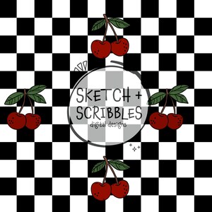 May include: Digital design featuring red cherries with green leaves on a black and white checkered background. The design includes the text "SKETCH + SCRIBBLES digital designs" in a circular frame.