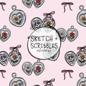 May include: A repeating pattern of heart-shaped lockets with floral designs and pink bows on a light pink background. The lockets are open and closed, with various flower arrangements inside. The text "SKETCH + SCRIBBLES digital designs" is in a circle.