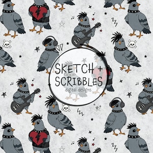 May include: A repeating pattern of cartoon pigeons with mohawks, studded collars, and various accessories. Some pigeons hold guitars, wear headphones, or have a broken heart design. The image includes the text "SKETCH + SCRIBBLES digital designs."