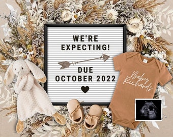 Editable- Digital Neutral Beige Boho Pregnancy Announcement Template, Social Media, Facebook, Instagram, Letterboard, Sonogram