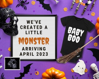 Editable- Digital Halloween Baby Boo Little Monster Pregnancy Announcement Template, Social Media, Facebook, Instagram, Sonogram