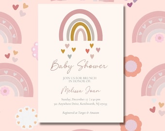 Editable Digital Baby Shower Baby Sprinkle Boho Rainbow Invitation Canva Template