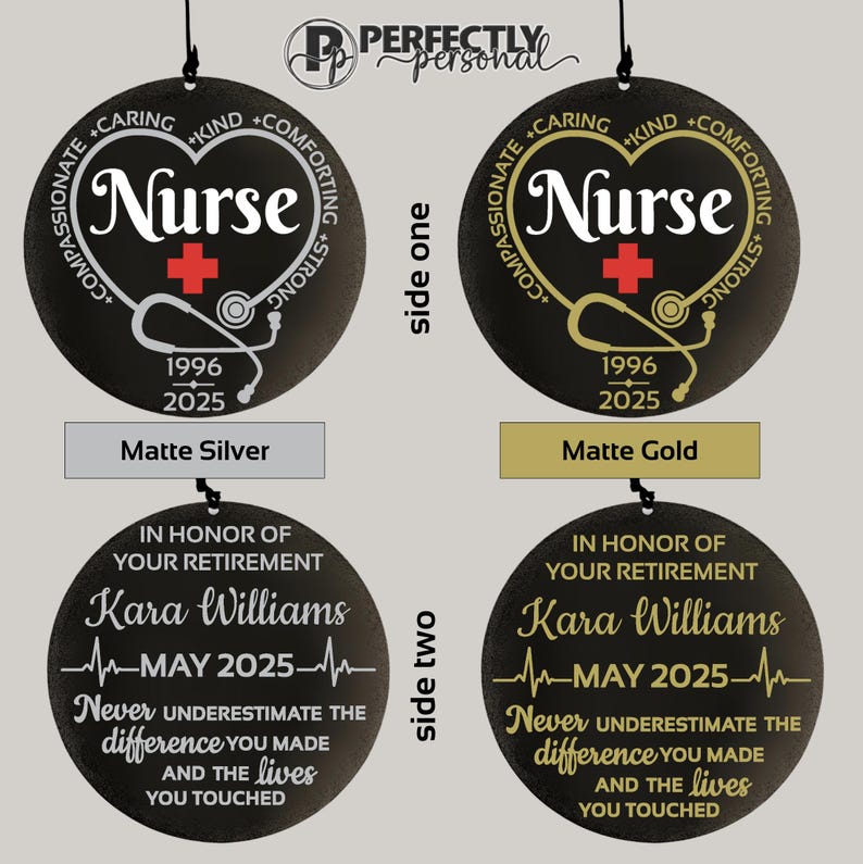 May include: Black round ornament with the word "Nurse" in a heart shape, a cross, and a stethoscope. The ornament also includes the years 1996-2025. The second side says "In honor of your retirement" with a name, date, and a message.