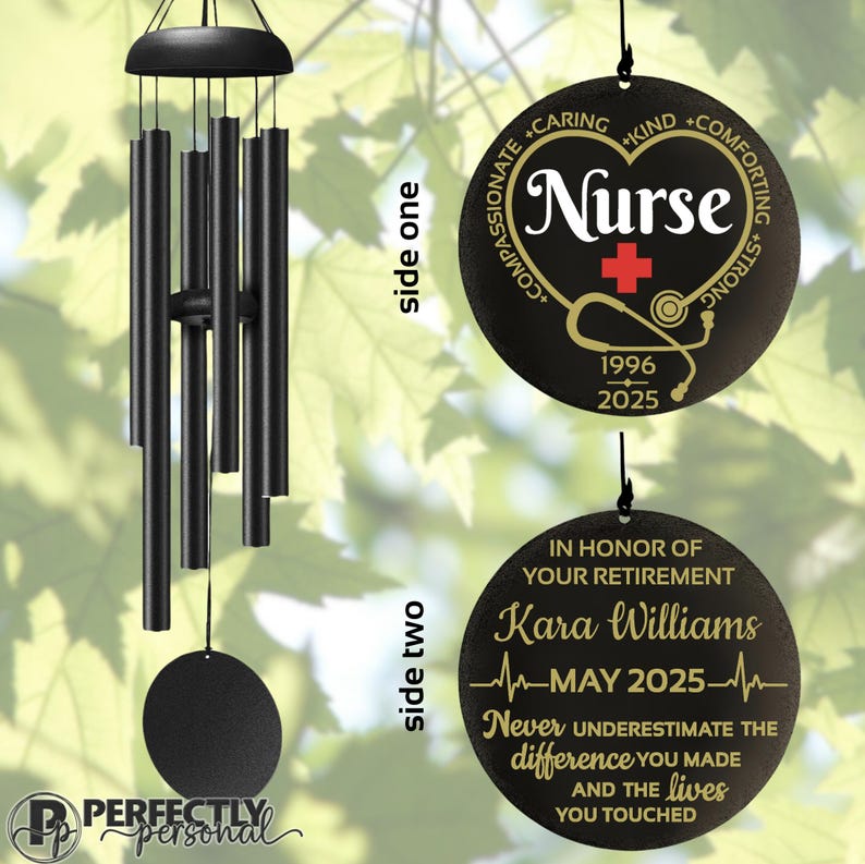 May include: Black wind chimes with a round pendant featuring the word "Nurse" and a stethoscope graphic. The second pendant reads "In Honor of Your Retirement" with a name and date. The chimes are a thoughtful gift.