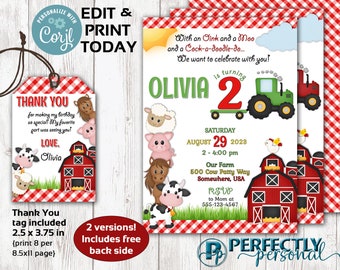 Farm birthday invitation template, printable farm barnyard animals birthday invite, farm barnyard thank you tag, editable instant download