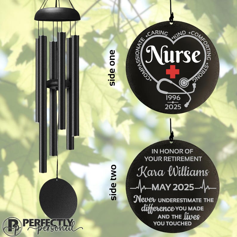 May include: Black wind chimes with a round pendant featuring the word "Nurse" inside a heart, a stethoscope, and the years 1996-2025. The second pendant reads "In Honor of Your Retirement" with a name, date, and inspirational quote.