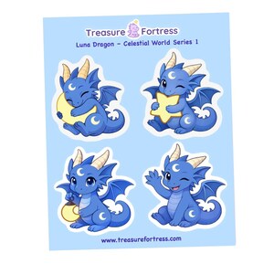 May include: A sticker sheet with four blue cartoon dragons, each with crescent moon details. The dragons hold a moon, star, lantern, and wave. Text reads "Treasure Fortress" and "Luna Dragon - Celestial World Series 1". Website address is visible at the bottom.