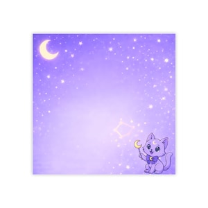 May include: A square, lavender-colored notepad with a celestial theme. A cartoon cat with a crescent moon on its forehead holds a moon-shaped wand. The background features a crescent moon, stars, and a constellation.