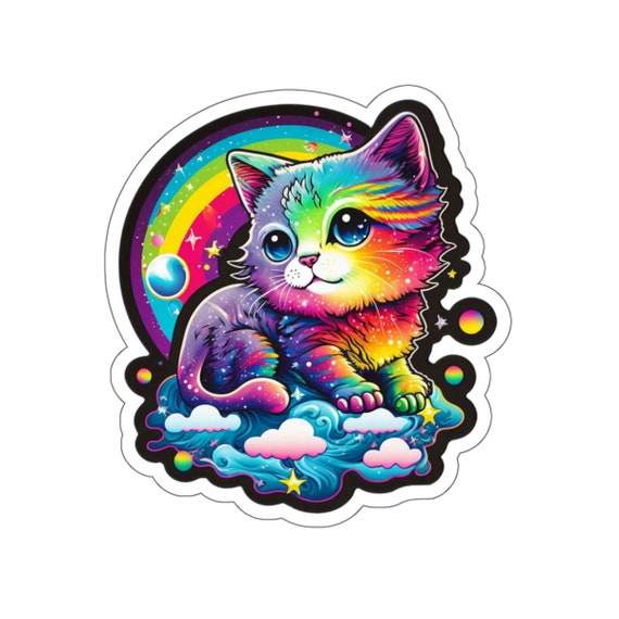 Lisa Frank Style Colorful Cat Sticker, Waterproof 