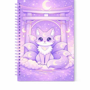May include: A spiral-bound notebook with a purple cover featuring a cartoon fox with nine tails. The fox is sitting in front of a Japanese torii gate, with a crescent moon design. The background is a starry sky.