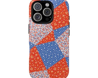 CECE rood-wit-blauwe patchwork beschermende telefoonhoes - plattelandsmeisje, coquette, cottage core-esthetiek, boerenmeisje schattig, trendy iphonecover