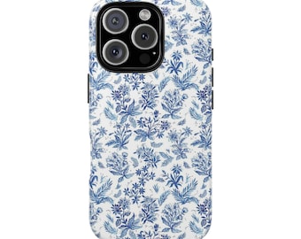 Funda protectora para teléfono SONIA con delicadas flores azules: diseño floral azul femenino, elegante estilo chinoiserie, estilo preppy cottage.