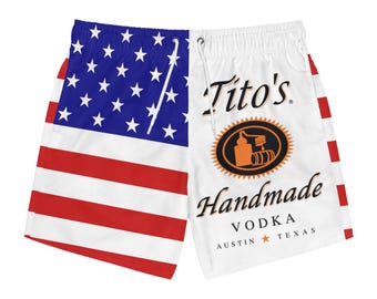 Titos Handmade Vodka Men's Swim Trunks | American Flag Swim Shorts & Bathing Suit | Summer Beach Wear