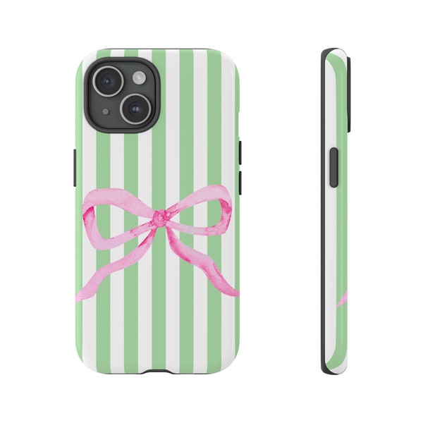 ADDISON green and white cabana striped pink bow protective phone case Trendy Cute Girly preppy aestheitc Trendy Stylish cute iphone case