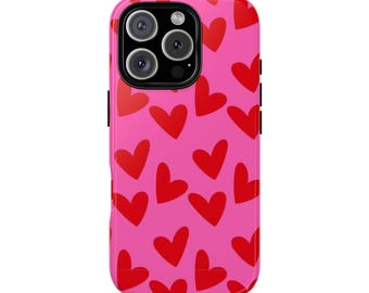 LOVEY roze en rode hartjes Valentijnsdag beschermende telefoonhoes - Trendy schattig Esthetisch Stijlvol, hartpatroon, Valentijnsdag, valentijnscadeauhoes