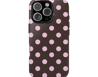 LAURIE brown and pink polka dot pattern phone case, IT girl aesthetic Girly Cute & Trendy stylish cool girl aesthetic protective iPhone Case