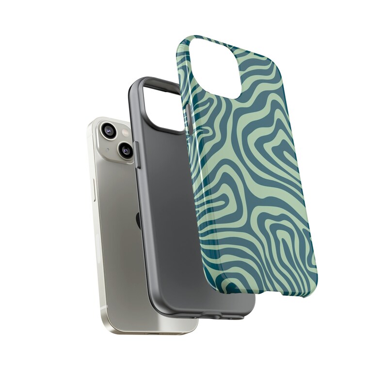 May include: A green and blue swirl patterned phone case for an iPhone. The case is shown with a silver iPhone.