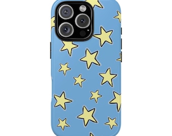 CLARA Handyhülle mit blauen und gelben Sternen - coole Girl Ästhetik, IT Girl, trendy Sternchendruck, Girly, Pop Art, niedliche iPhone Hülle