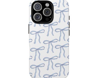 JESSICA Lichtblauw strikpatroon Coquette Girly Aesthetic Cottage Core Trendy pastelblauw lintpatroon Preppy beschermend iPhone-hoesje