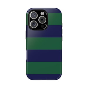 May include: A smartphone case with a green and navy blue striped pattern. The case has a glossy finish and a camera module with three lenses and a flash.