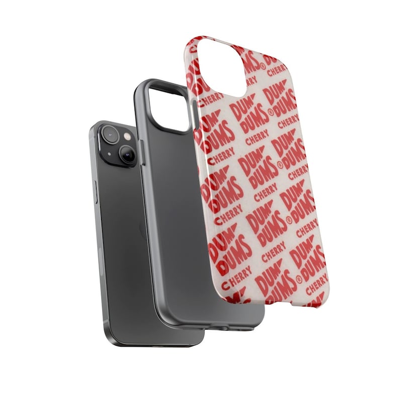 May include: A white phone case with a repeating pattern of red "DUM DUMS CHERRY" text.