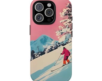 May include: A phone case featuring a winter landscape with a skier. The case has a pink sky, blue mountain, and a skier in a red outfit. The design is a stylized illustration with a retro aesthetic.