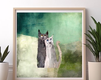 Whimsical Cat Drawing On Abstract Background Printable Wall Art For Instant Download