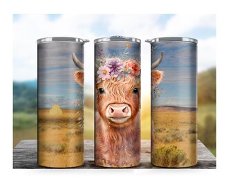 Floral Highland Cow Tumbler Wrap: 20oz Skinny Sublimation Design (PNG, JPEG, PDF)