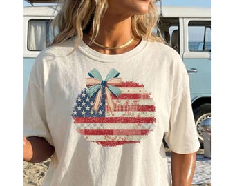 Faux patchwork USA Patriotic PNG Distressed Vintage Style American Flag With Coquette Bow